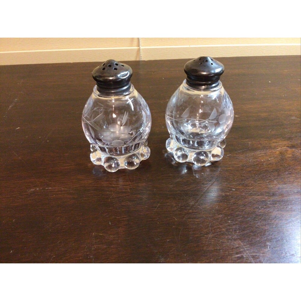 VINTAGE CRYSTAL AND SILVER WITH ETCHED FLOWERS SALT AND PEPPER SHAKERS
